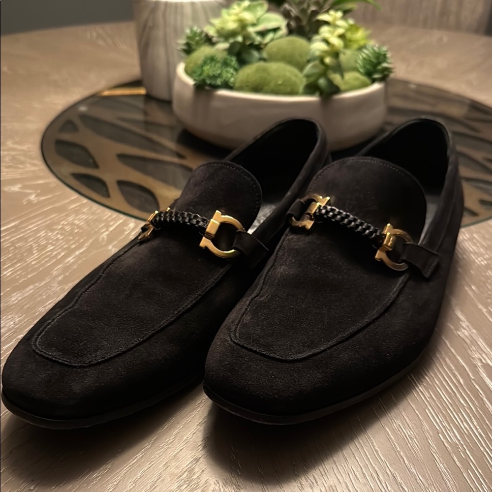 Salvatore Ferragamo Black and Gold Loafers with Horsebit Detail